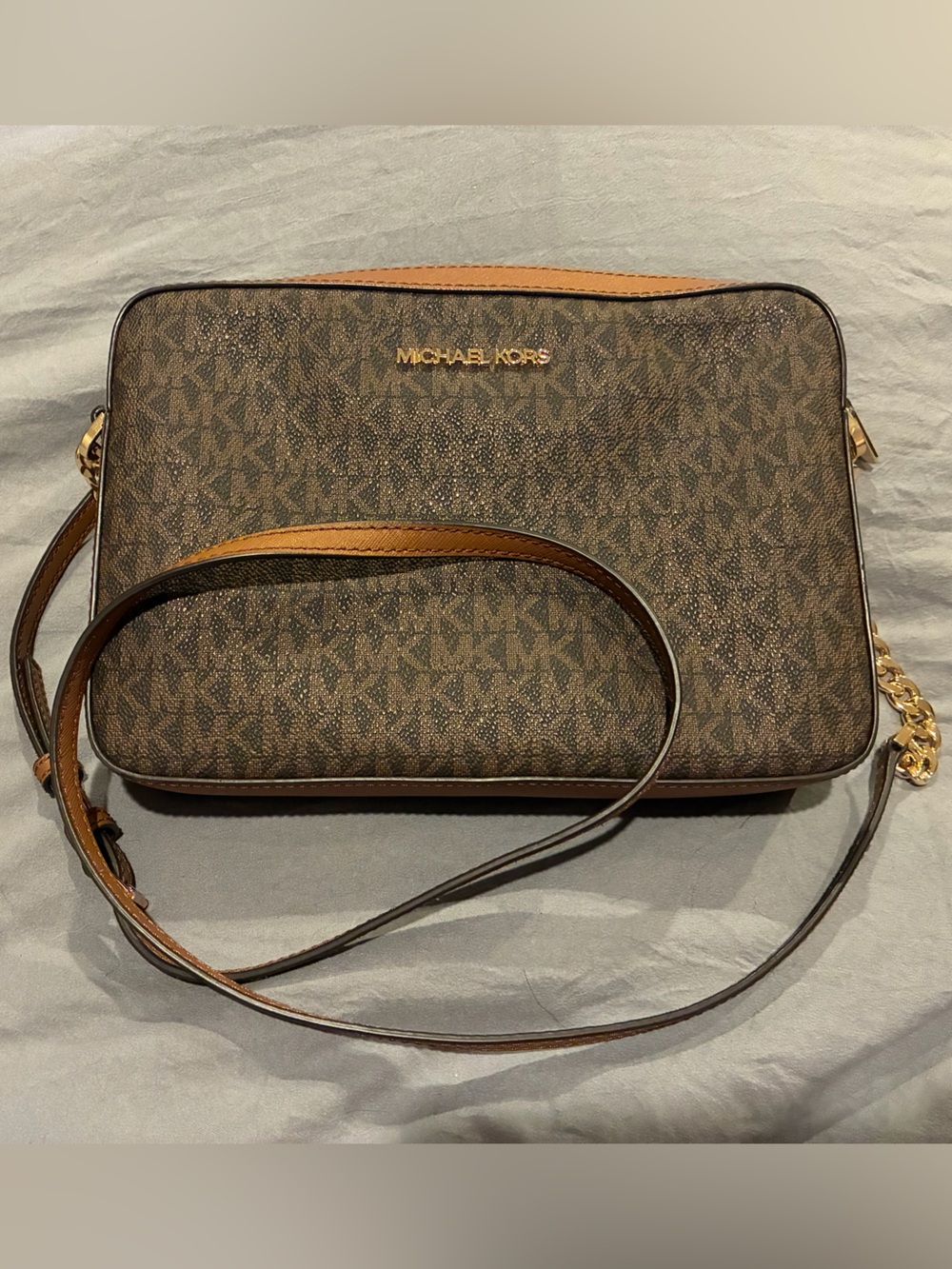 Michael Kors Brown Monogram Messenger Crossbody with Tan Trim